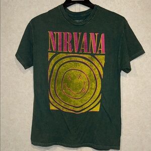 NIRVANA Dark Green Tee with Vibrant Pink and Yellow Graphic